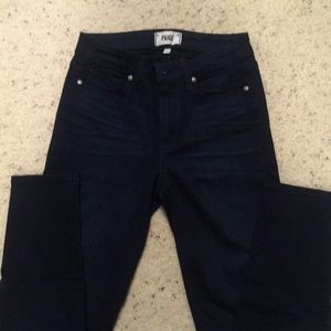 Paige long, dark blue skinny jeans size 26.